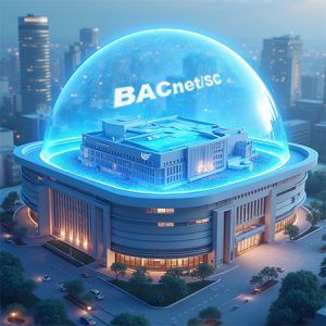 Gebäude unter leuchtender Kuppel mit „BACnet/SC“ – Symbol für sichere Gebäudeautomation und Cyber-Security.