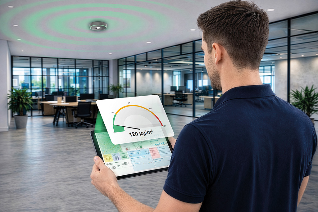 Mann mit Tablet steht im Raum und hat sich mit dem Smart ViaSens, der an Decke hängt, verbunden